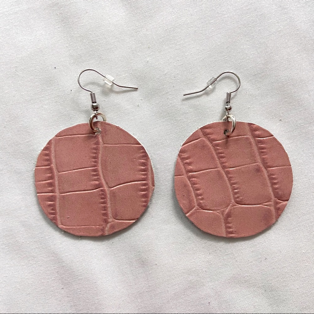Handmade Light Pink Leather Embossed Earrings